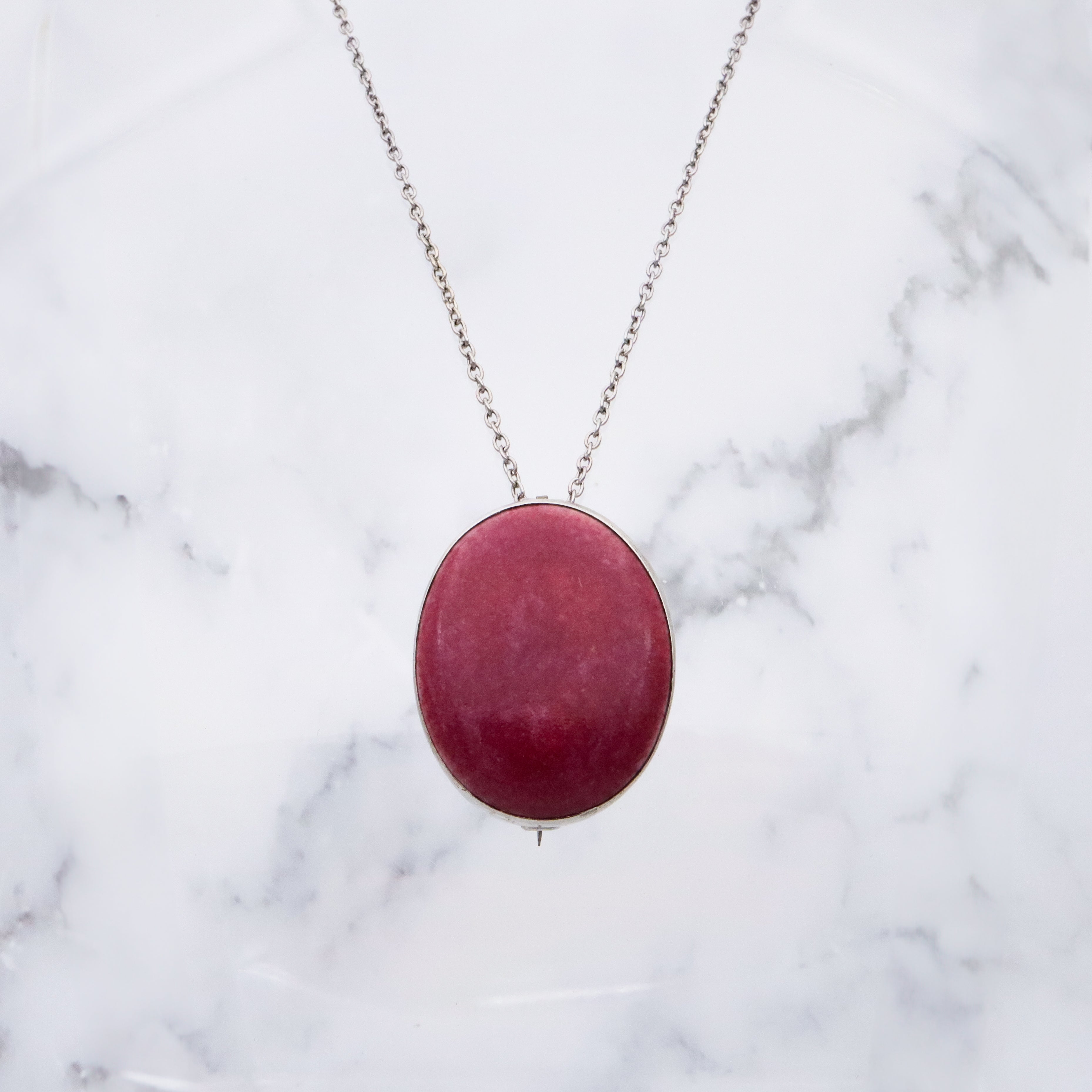 Antique Arts & Crafts rose red glazed pottery sterling brooch